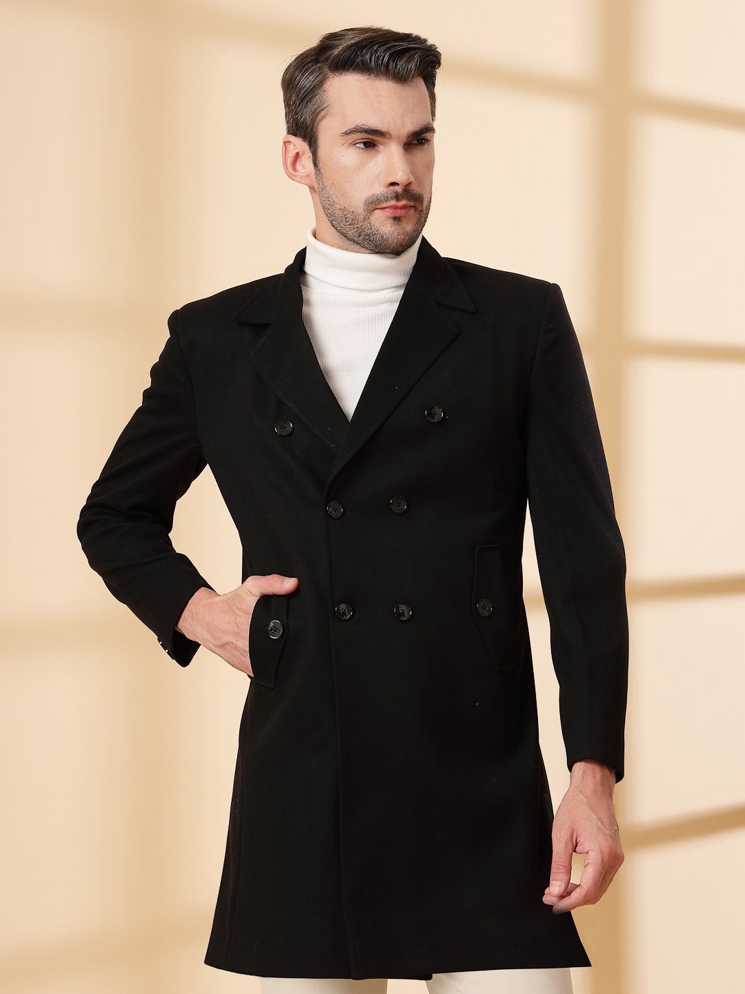 Black Long Sleeve Double-Breasted Woolen Coat