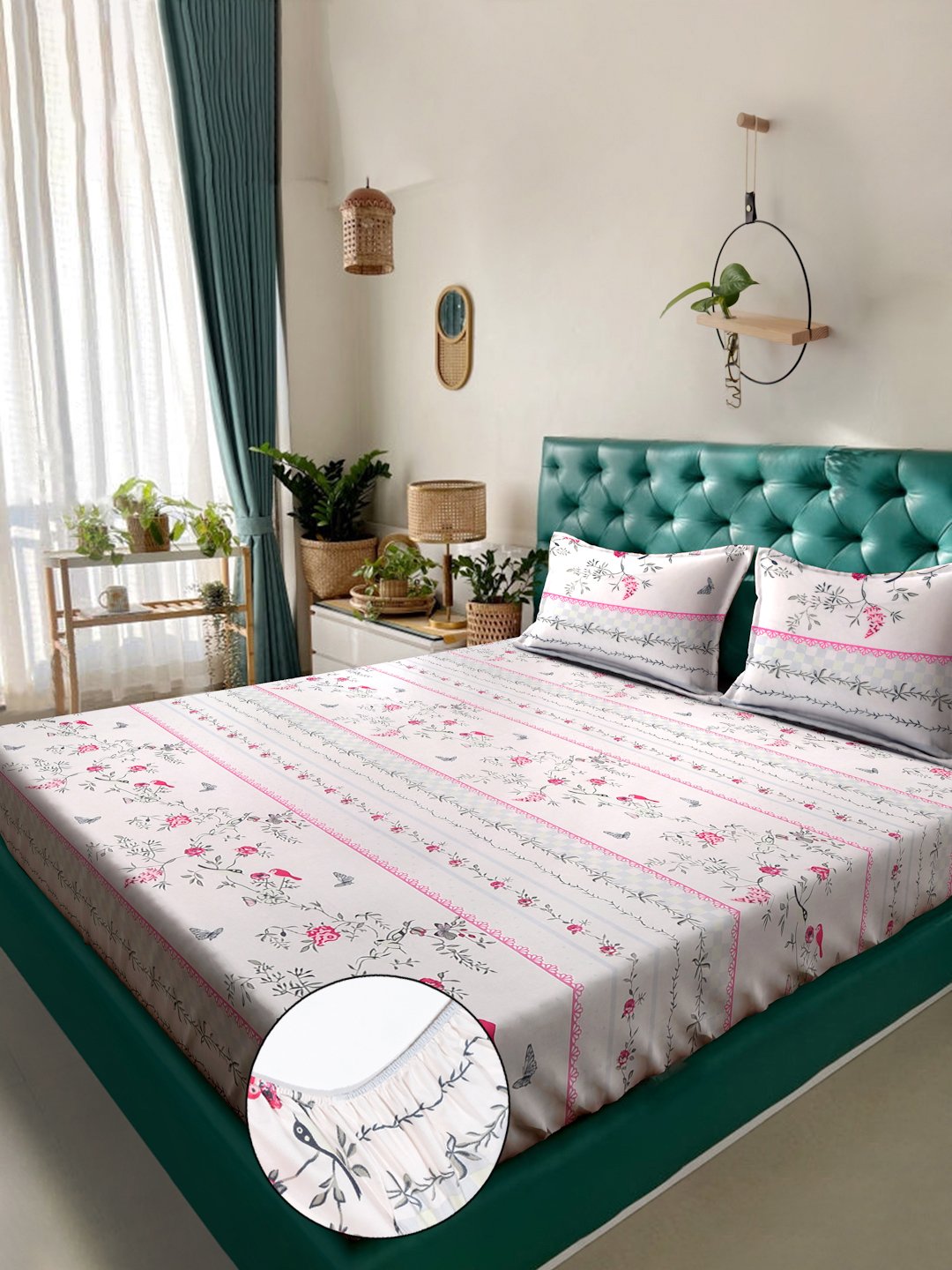Cream Floral 300 TC Cotton Blend Fitted Double Bedsheet in Book Fold Packing