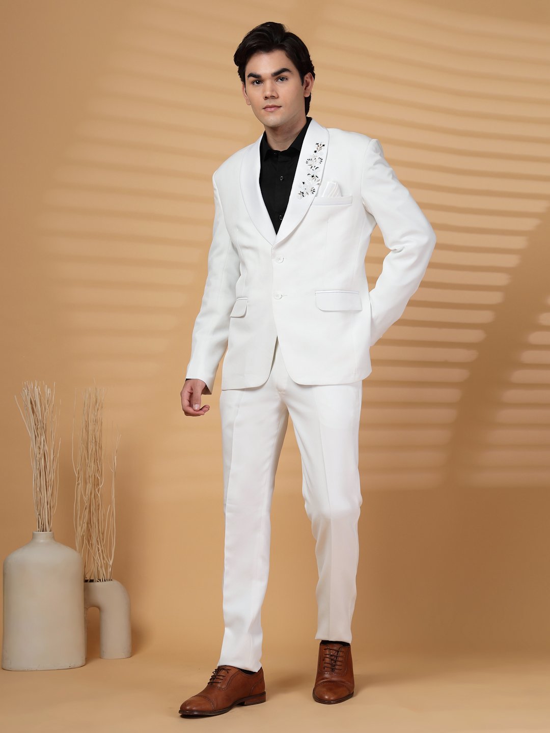White Solid Embroidery Single-Breasted Two-Piece Party Suit