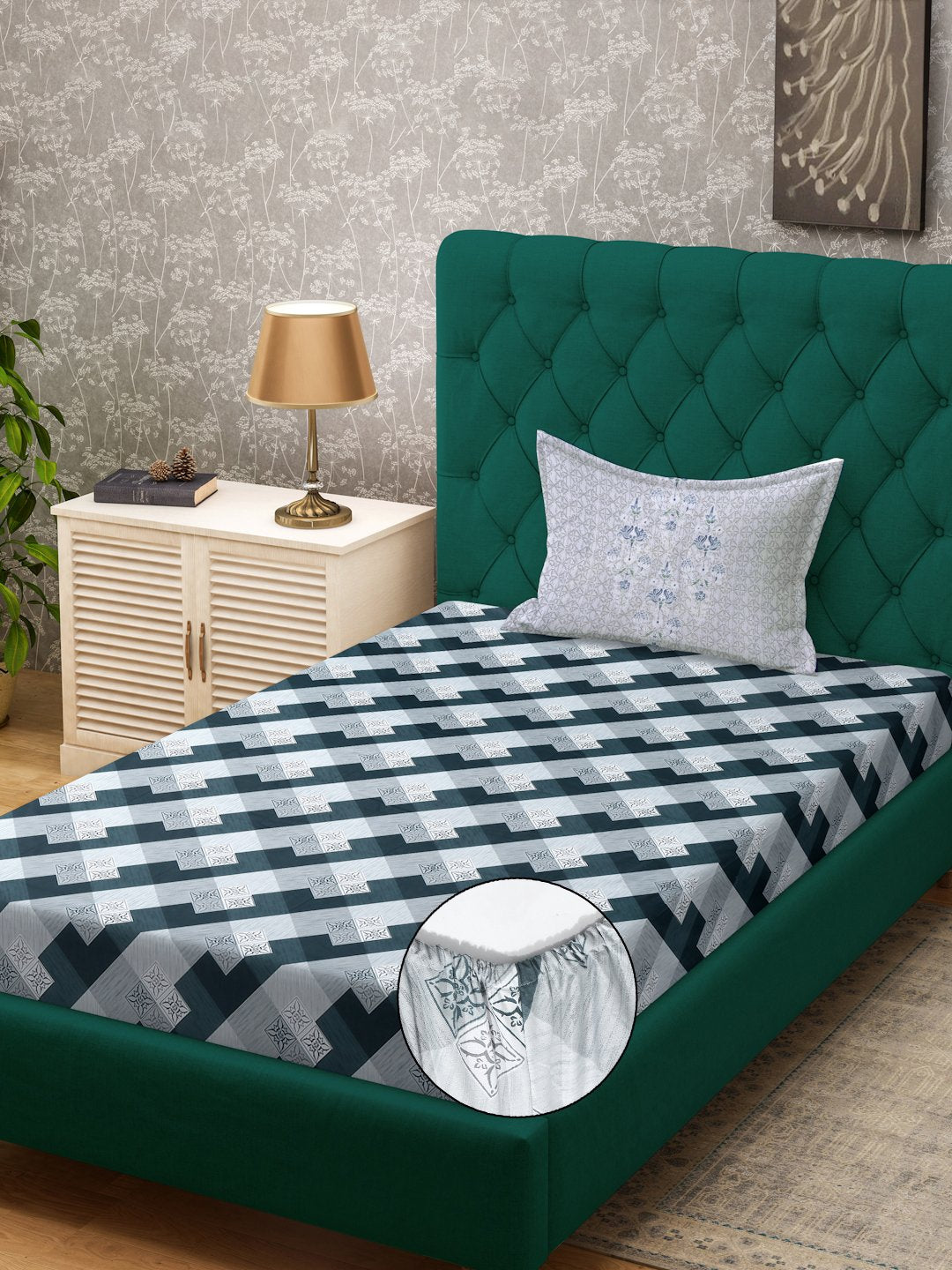 Green Geometric 400 TC Pure Cotton Fitted Single Bedsheet with Pillow Cover