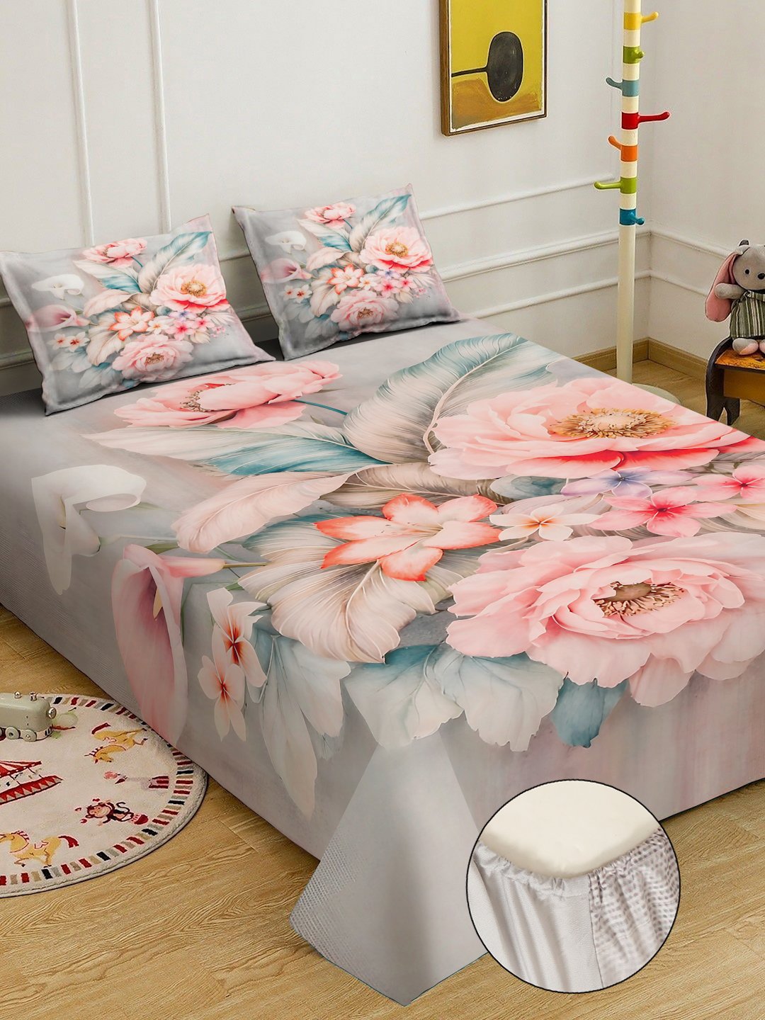 Multi Digital Floral Printed Cotton Blend Fitted Double Bedsheet with 2 Pillow Covers