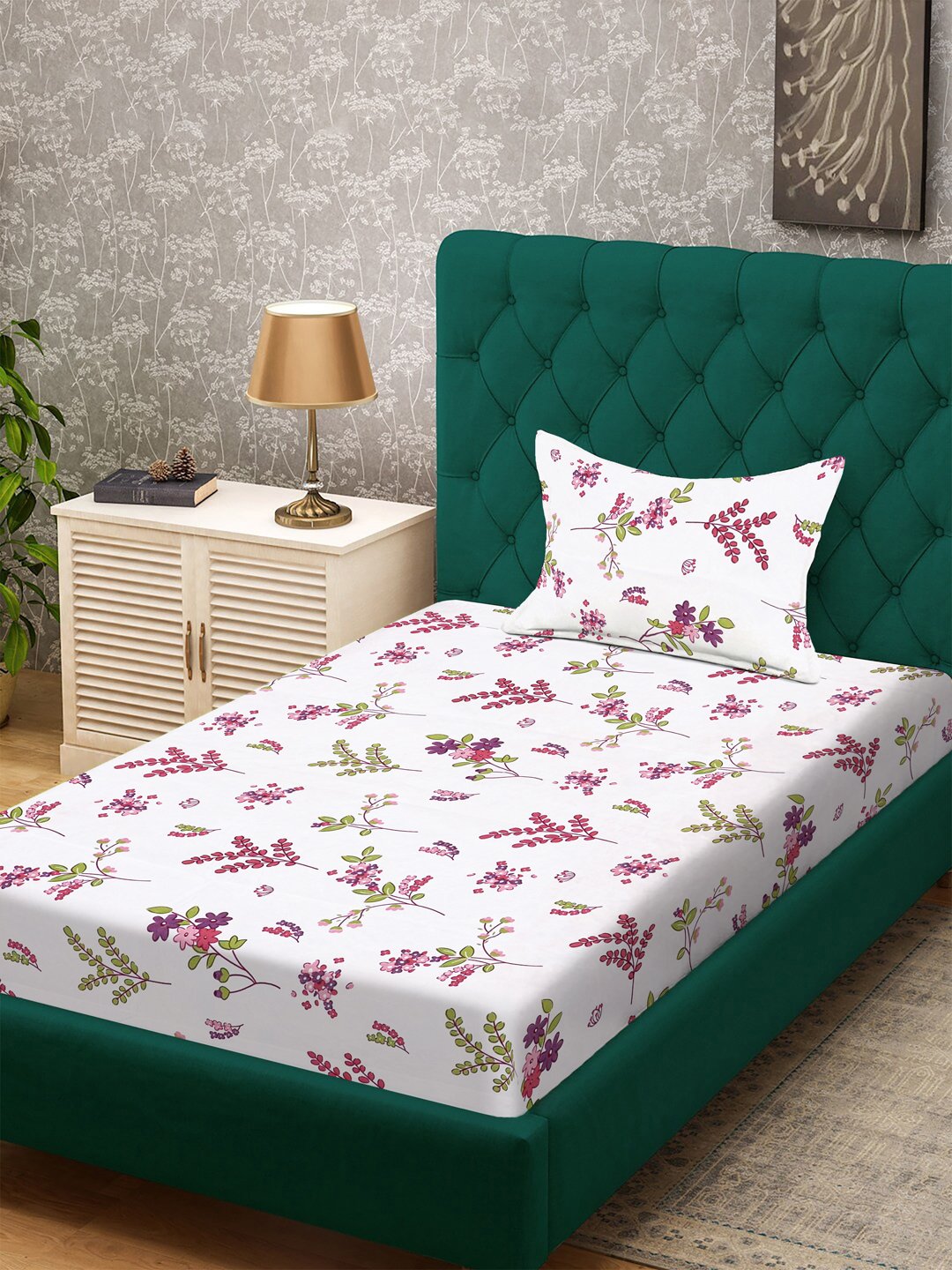 White Floral 300 TC Cotton Blend Single Bedsheet with Pillow Cover