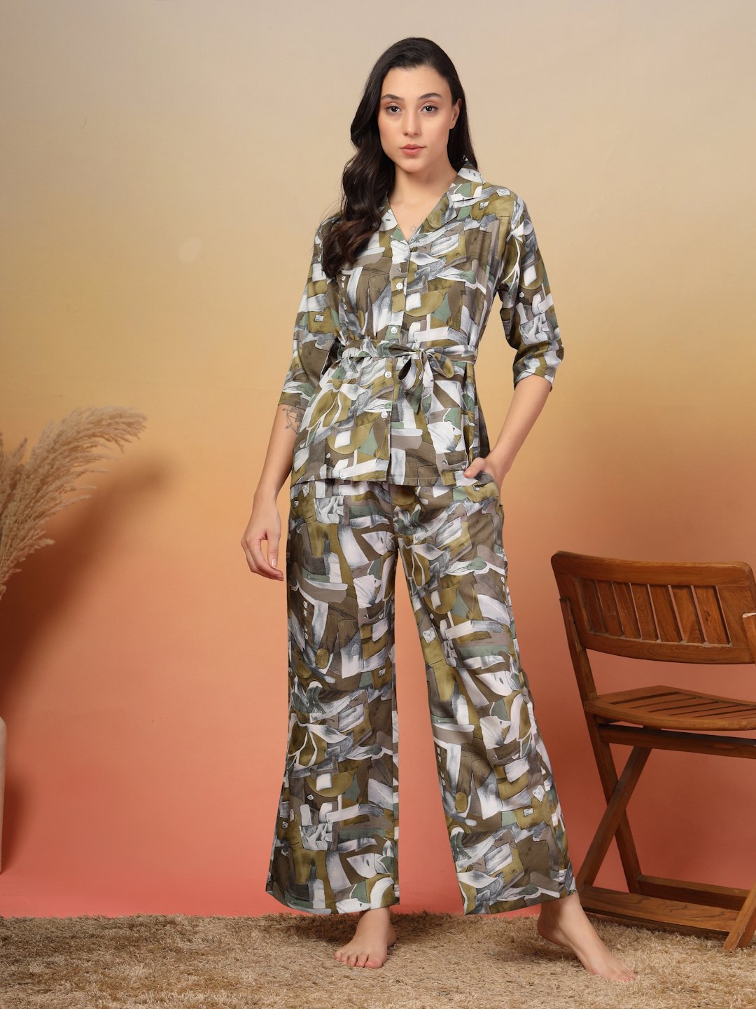 Women Brown Floral Cotton Blend Night Suit with Robe