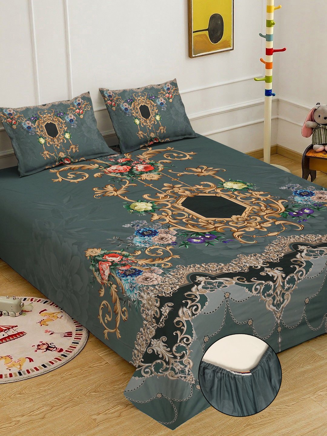 Green Digital Ethnic Motifs Printed Cotton Blend Fitted Double Bedsheet with 2 Pillow Covers