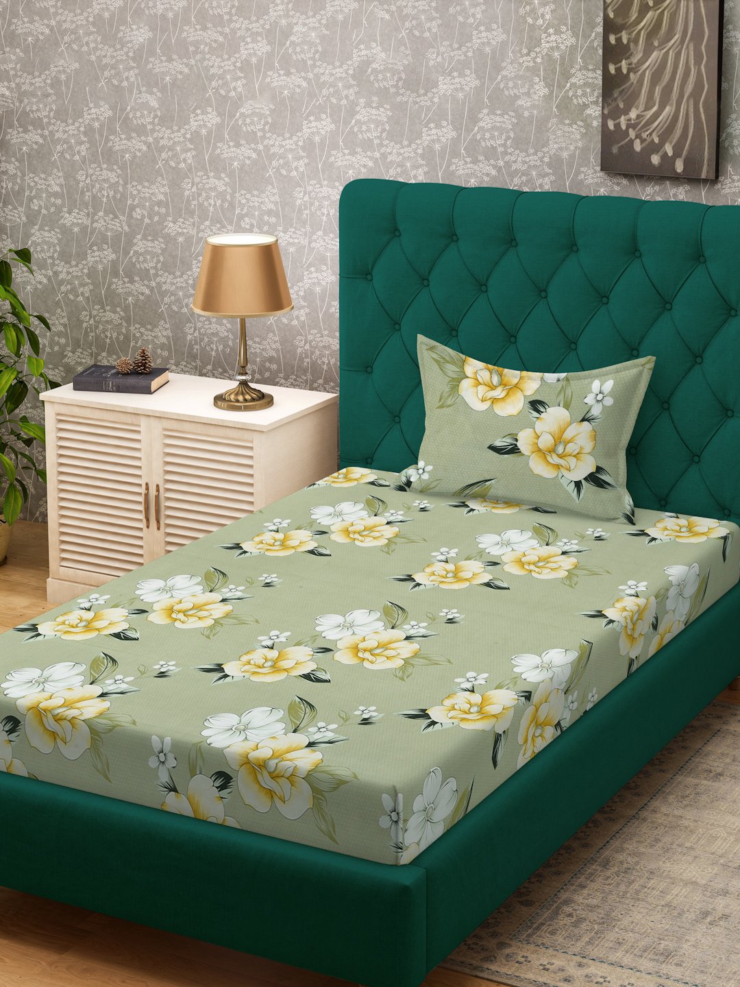 Green Floral 300 TC Cotton Blend Single Bedsheet with Pillow Cover