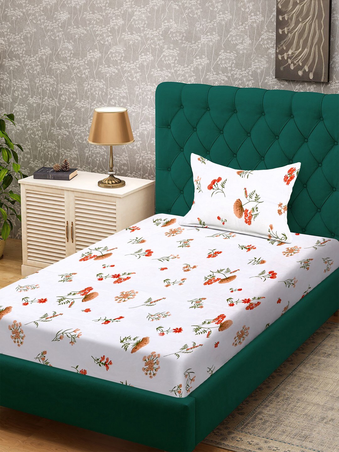 White Floral 300 TC Cotton Blend Fitted Single Bedsheet with Pillow Cover