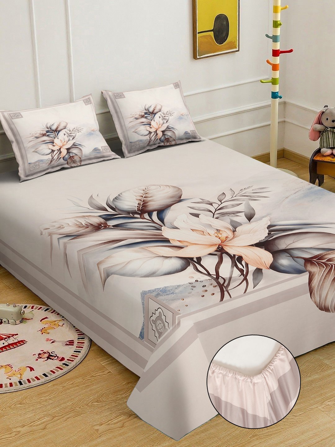 Cream Digital Floral Printed Cotton Blend Fitted Double Bedsheet with 2 Pillow Covers