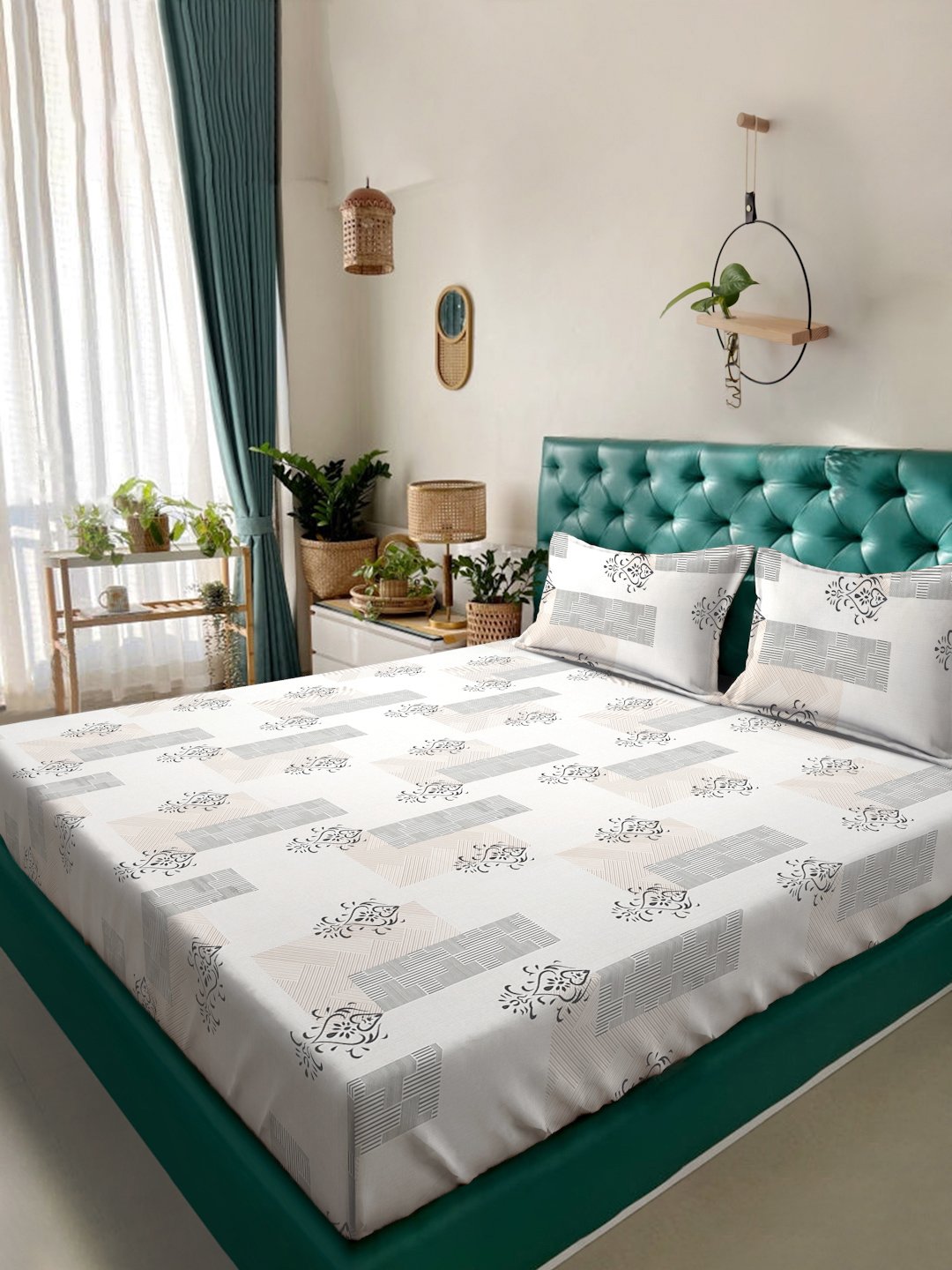 Cream Ethnic Motifs  300 TC Cotton Blend Double Bedsheet in Book Fold Packing