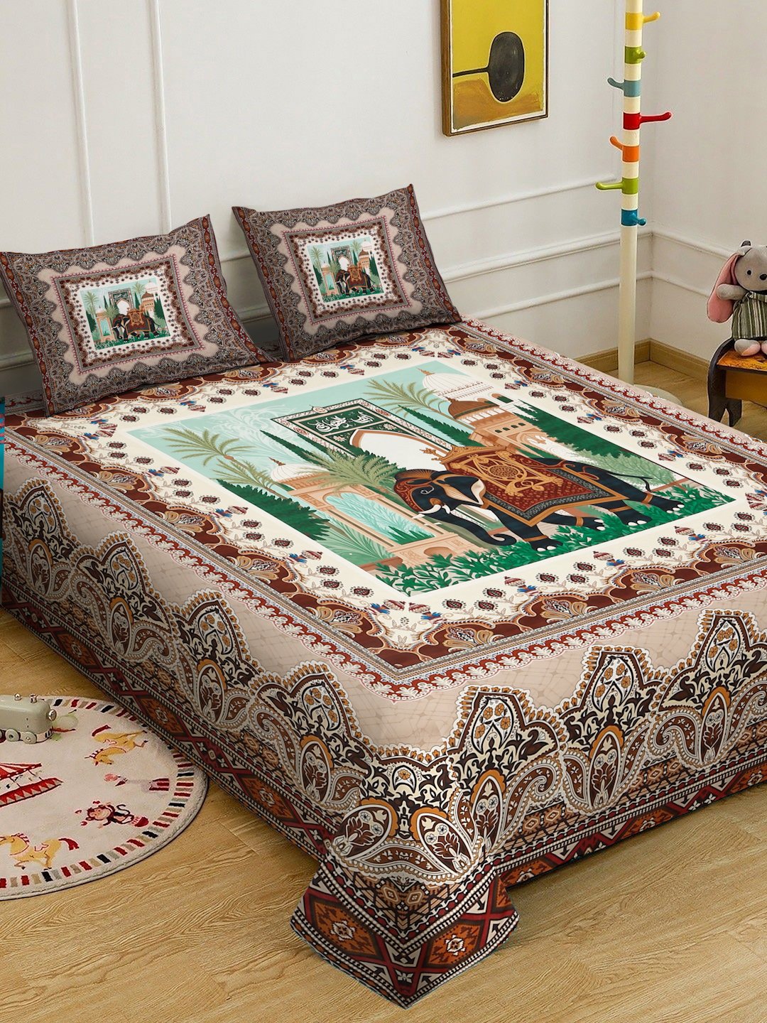 Multi Digital Ethnic Motifs Printed Cotton Blend Double Bedsheet with 2 Pillow Covers