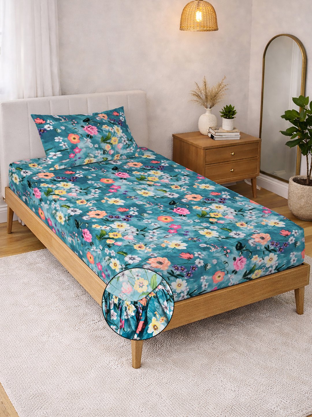 Blue Floral Cotton Blend Fitted Single Bedsheet with Pillow Cover