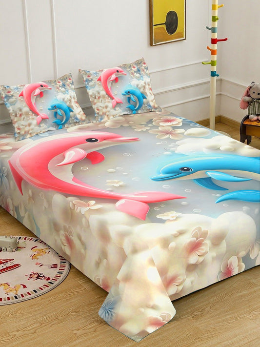 Grey 7D Animal Printed Cotton Blend Double Bedsheet with 2 Pillow Covers
