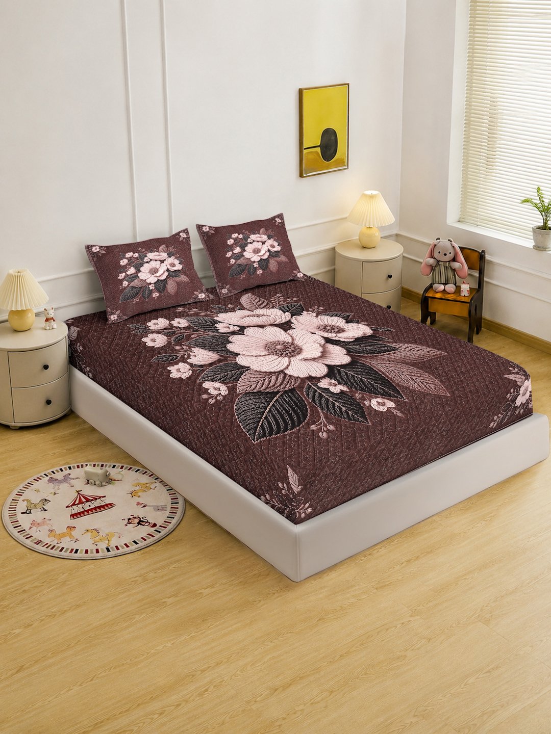 Digital Printed Brown Floral Cotton Blend Double Bedsheet with 2 Pillow Covers