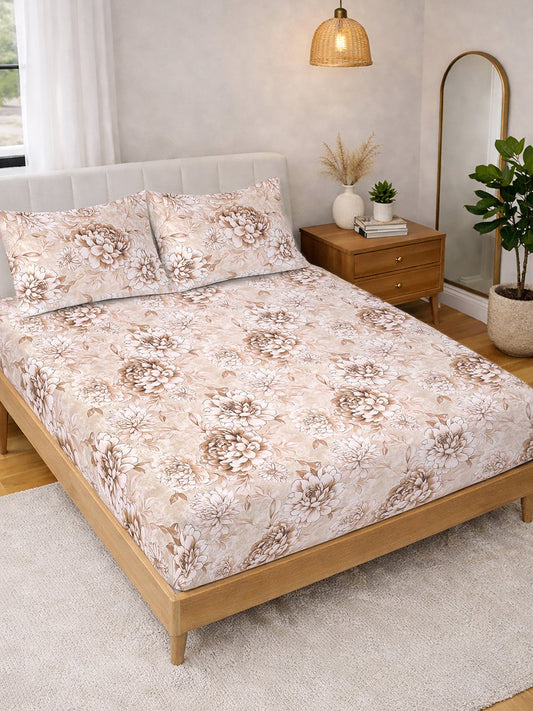 Beige Floral Cotton Blend Double Bedsheet with 2 Pillow Covers