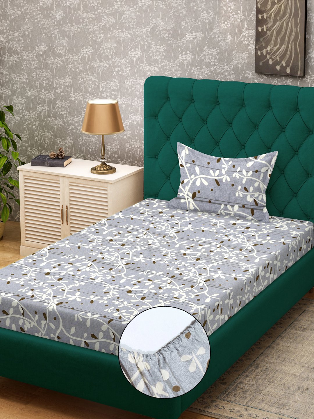 Grey Floral 300 TC Cotton Blend Fitted Single Bedsheet in Book Fold Packing