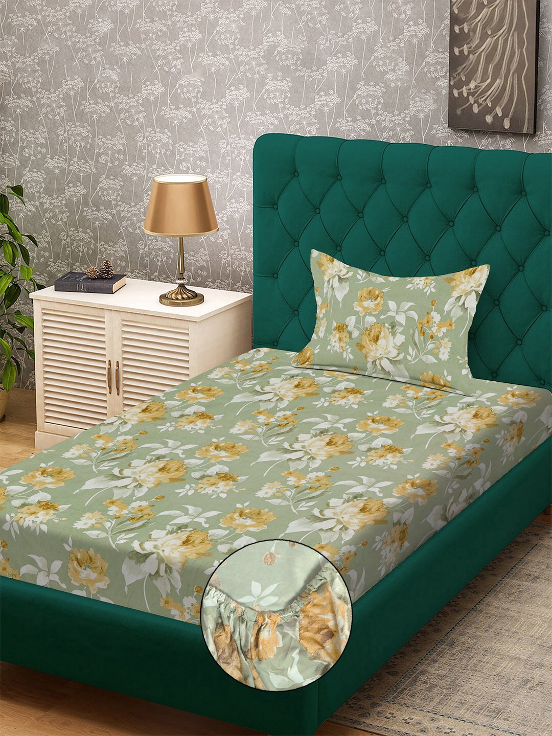 Green Floral 300 TC Cotton Blend Fitted Single Bedsheet with Pillow Cover