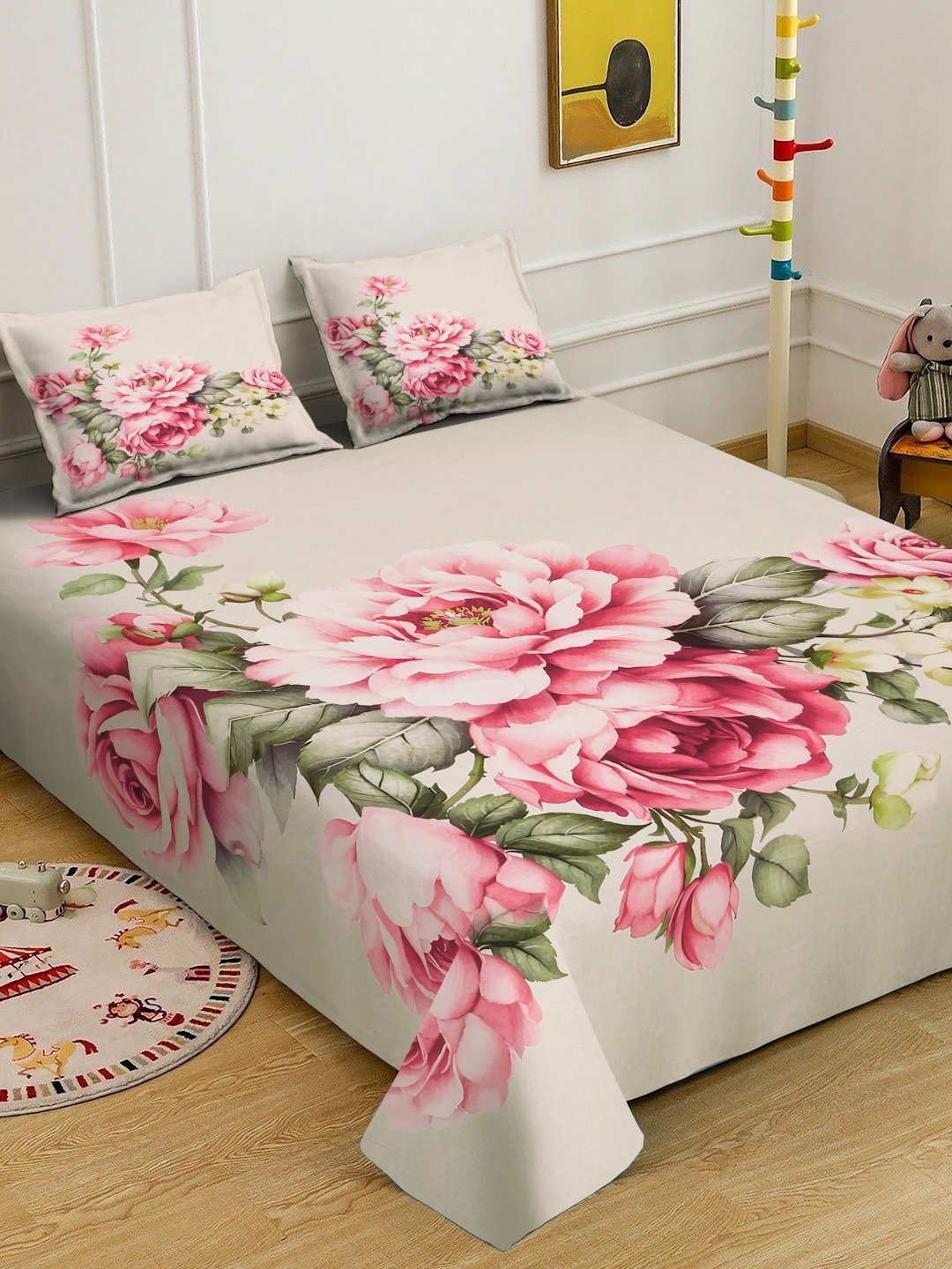 Beige Digital Floral Printed Cotton Blend Double Bedsheet with 2 Pillow Covers