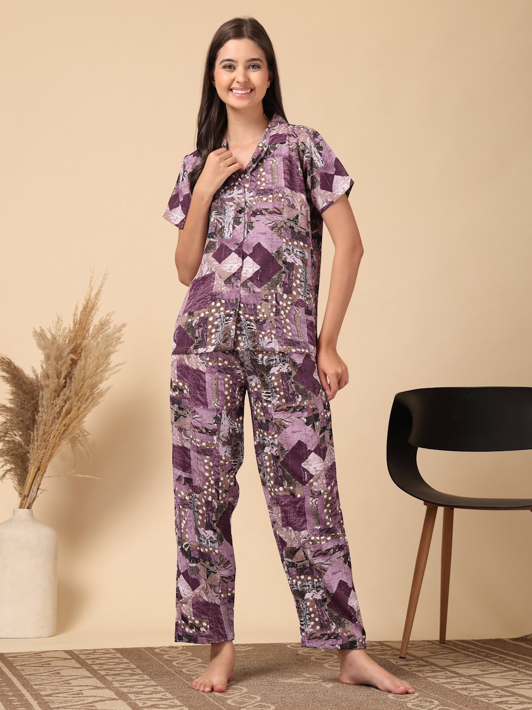 Purple Geometric Cotton Blend Women Night Suit