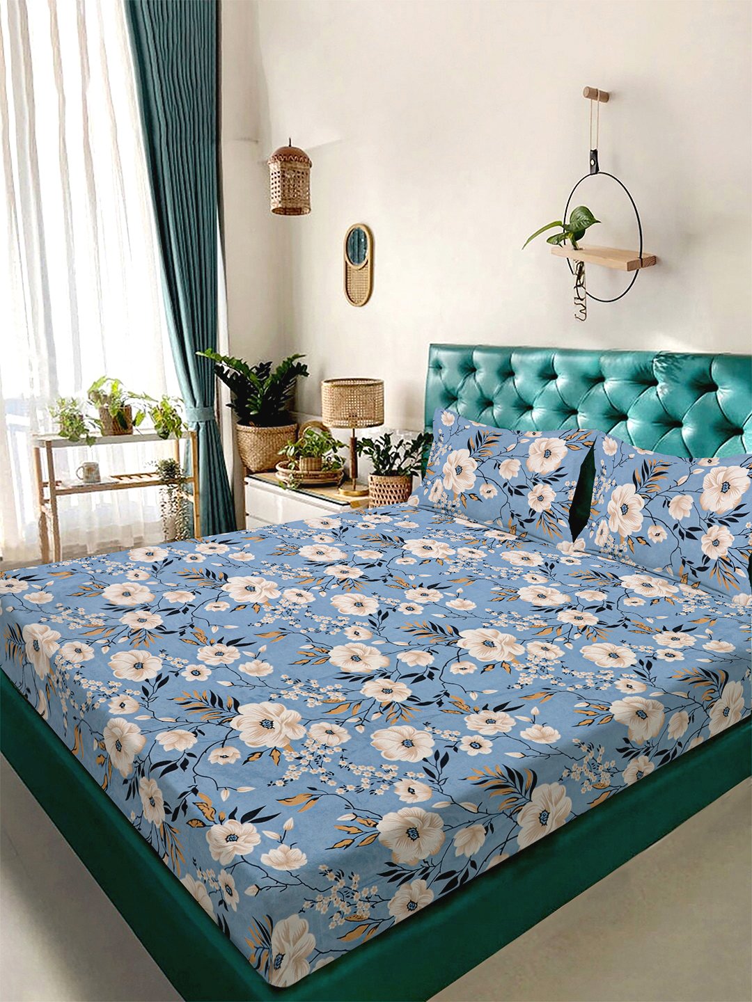 Blue Floral 300 TC Cotton Blend Double Bedsheet with 2 Pillow Covers