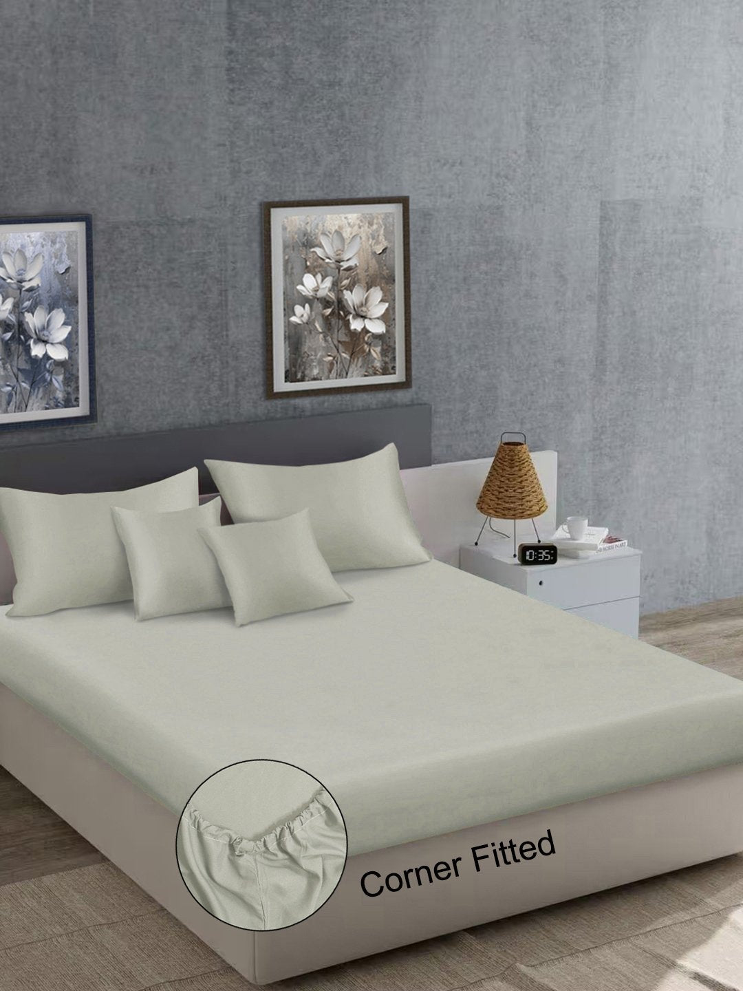 Cream Solid 400 TC Satin Fitted Super King Double Bedsheet with 2 Pillow Covers & 2 Cushion Covers