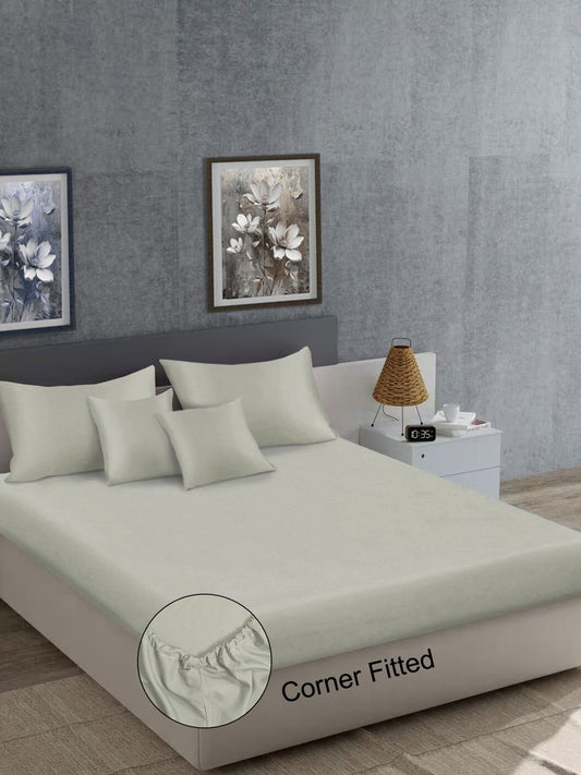 Cream Solid 400 TC Satin Fitted Super King Double Bedsheet with 2 Pillow Covers & 2 Cushion Covers