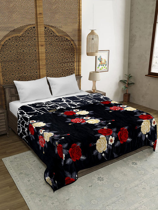 Black Woolen Floral Double Bed Dohar