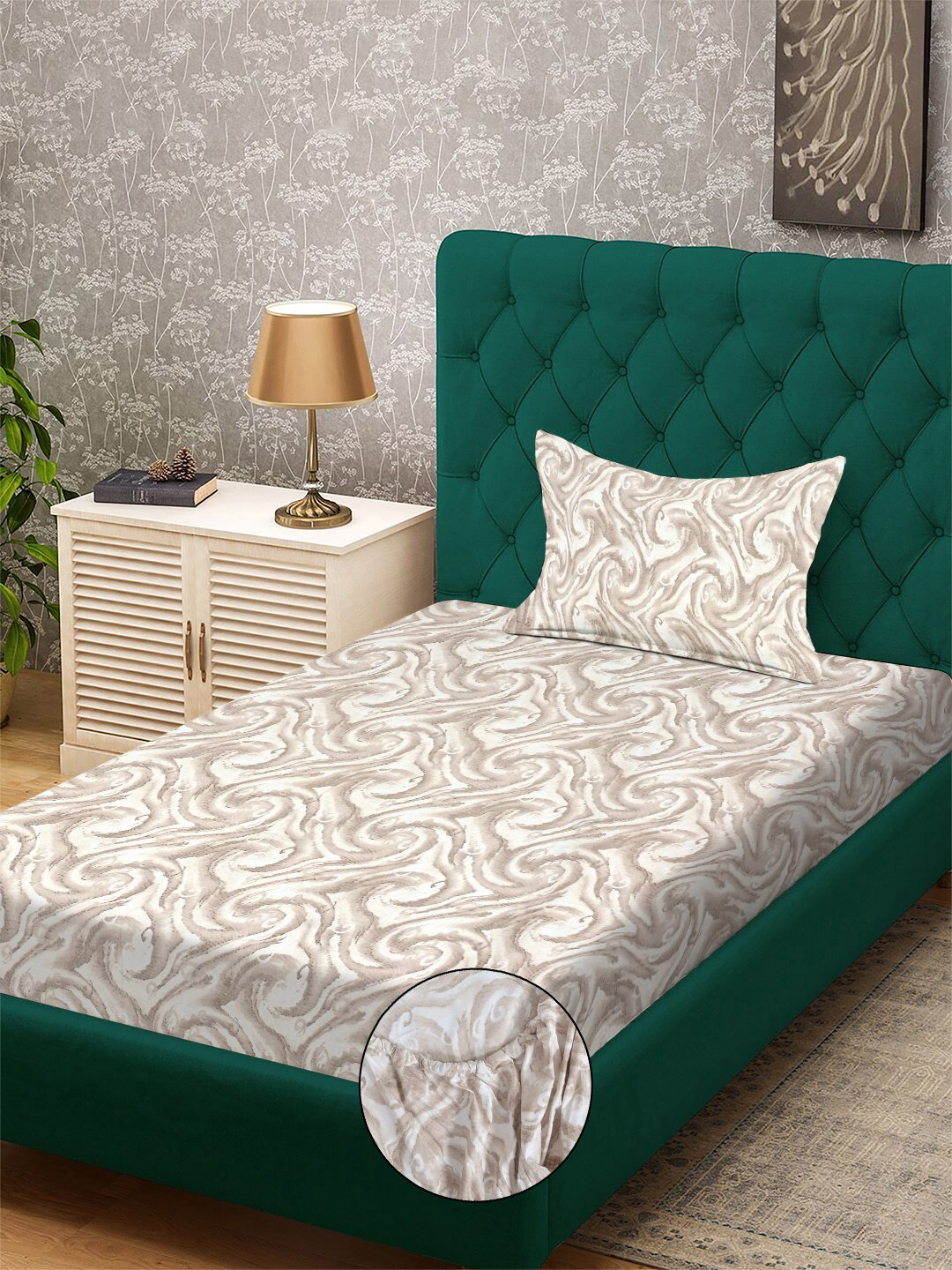 Beige Abstract 300 TC Cotton Blend Fitted Single Bedsheet with Pillow Cover