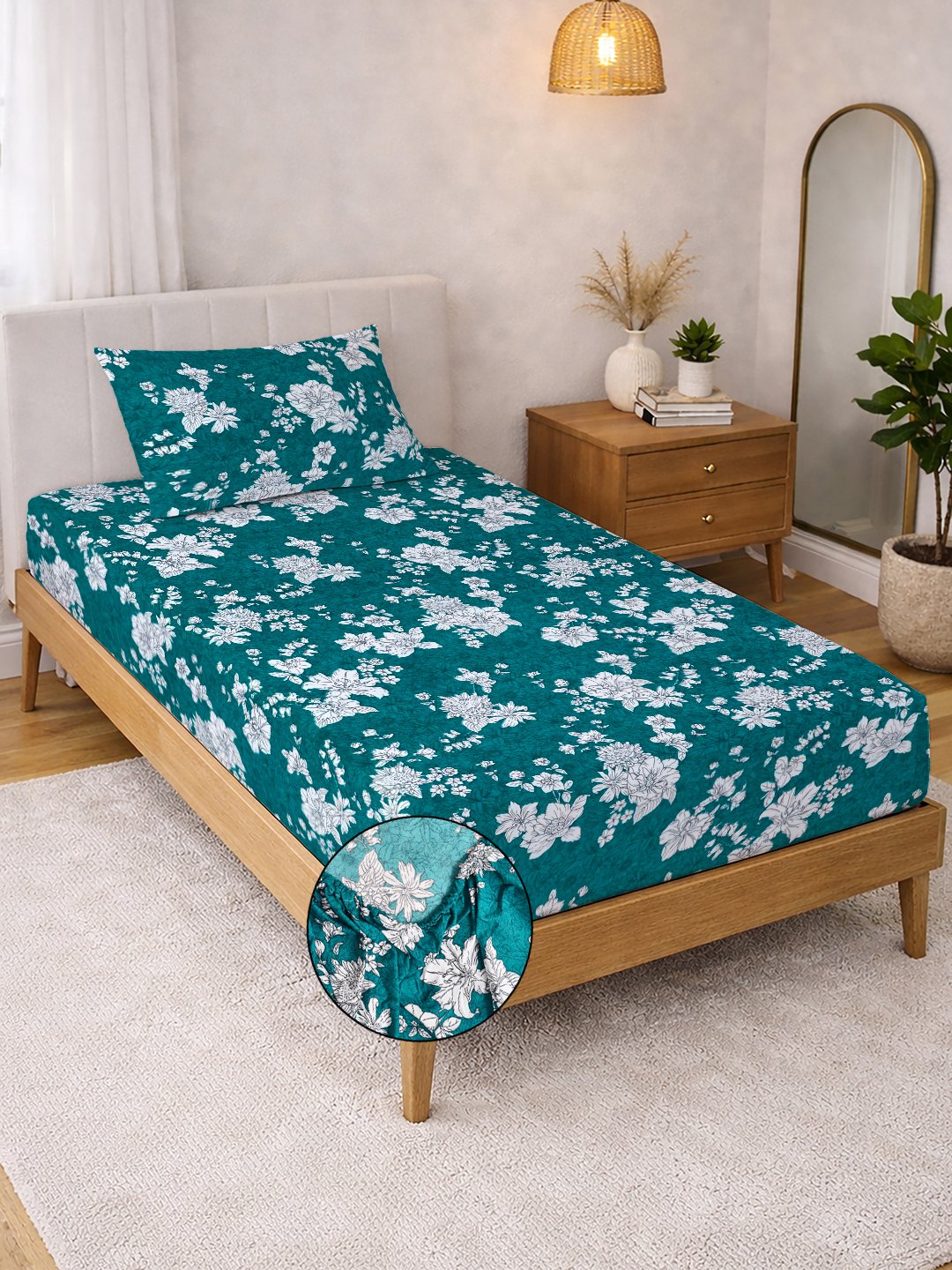 Green Floral Cotton Blend Fitted Single Bedsheet with Pillow Cover