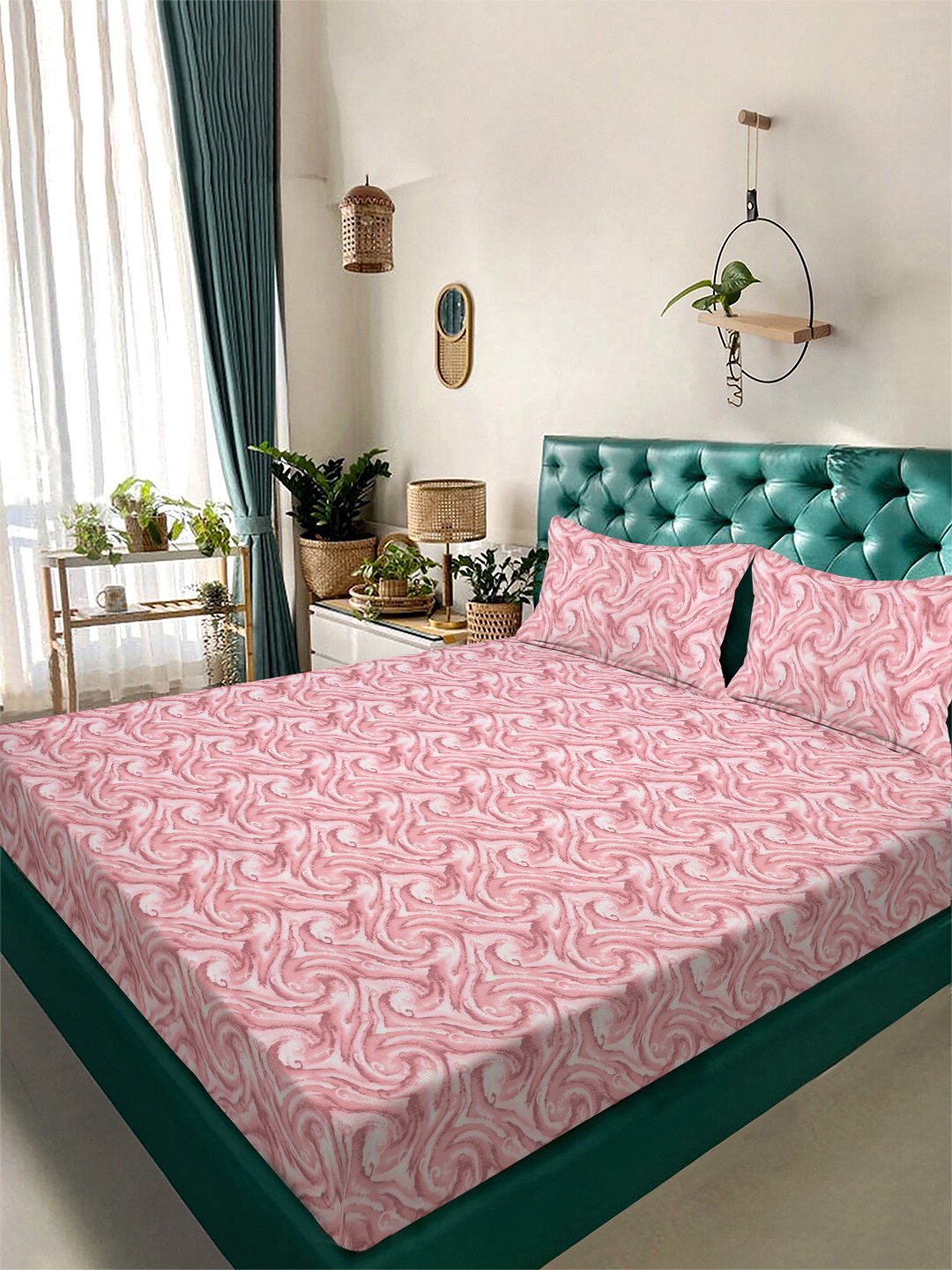 Red Abstract 300 TC Cotton Blend Double Bedsheet with 2 Pillow Covers