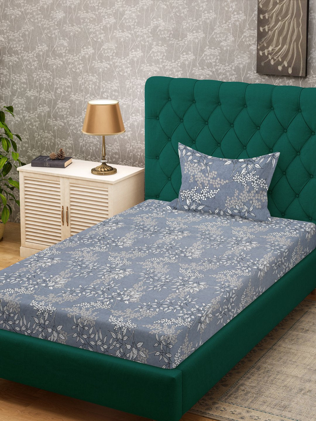 Grey Floral 300 TC Cotton Blend Single Bedsheet with Pillow Cover