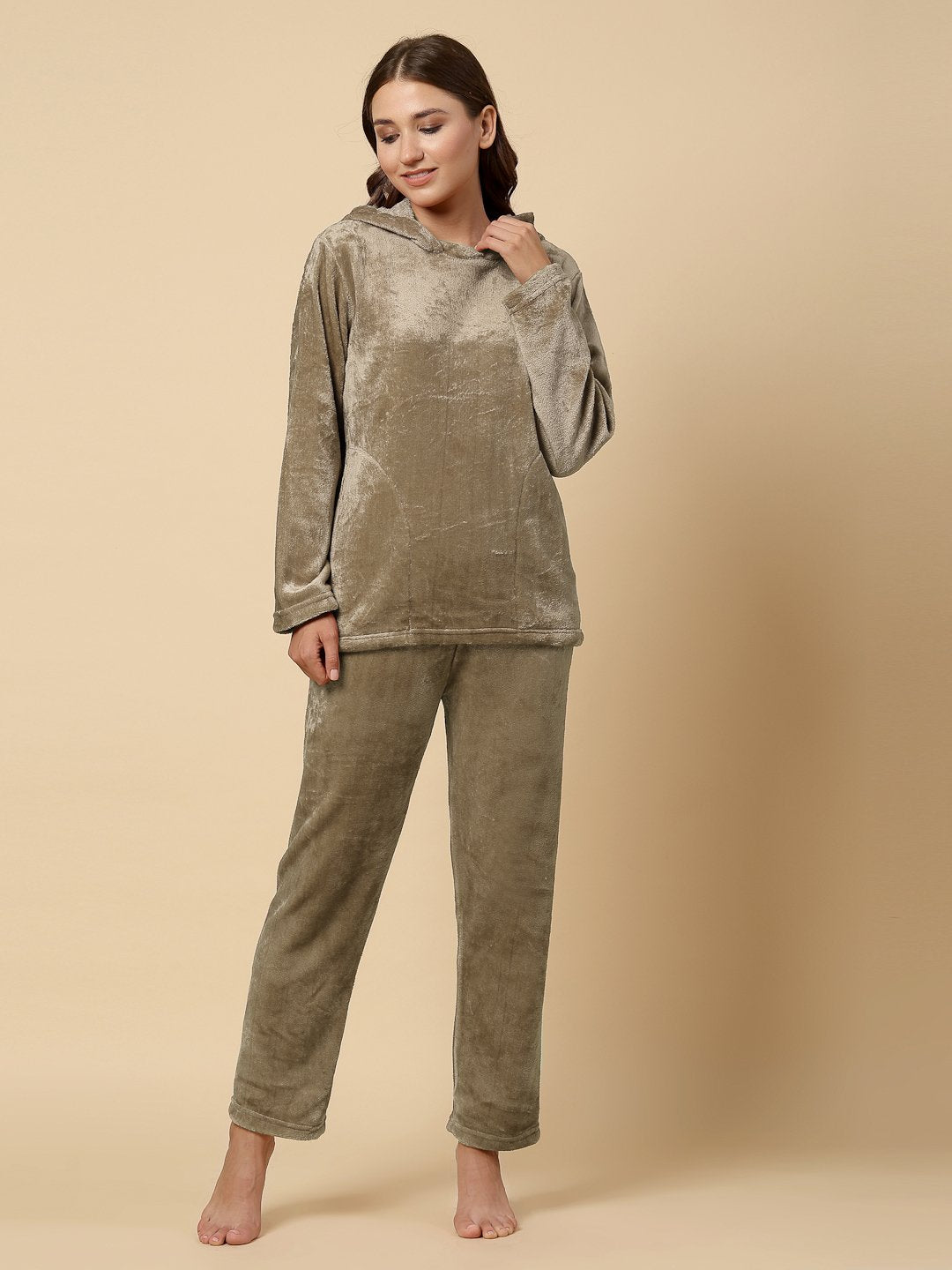 Klotthe Women Beige Wool Blend Solid Hooded Night Suit
