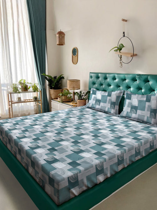 Green Geometric 400 TC Pure Cotton Double Bedsheet with 2 Pillow Covers