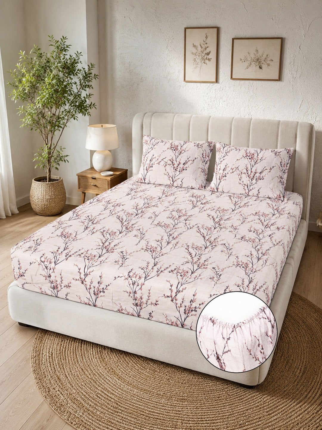 Cream Floral Cotton Blend Fitted Double Bedsheet with 2 Pillow Covers