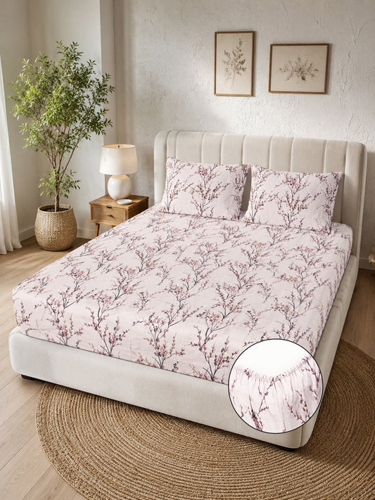 Cream Floral Cotton Blend Fitted Double Bedsheet with 2 Pillow Covers
