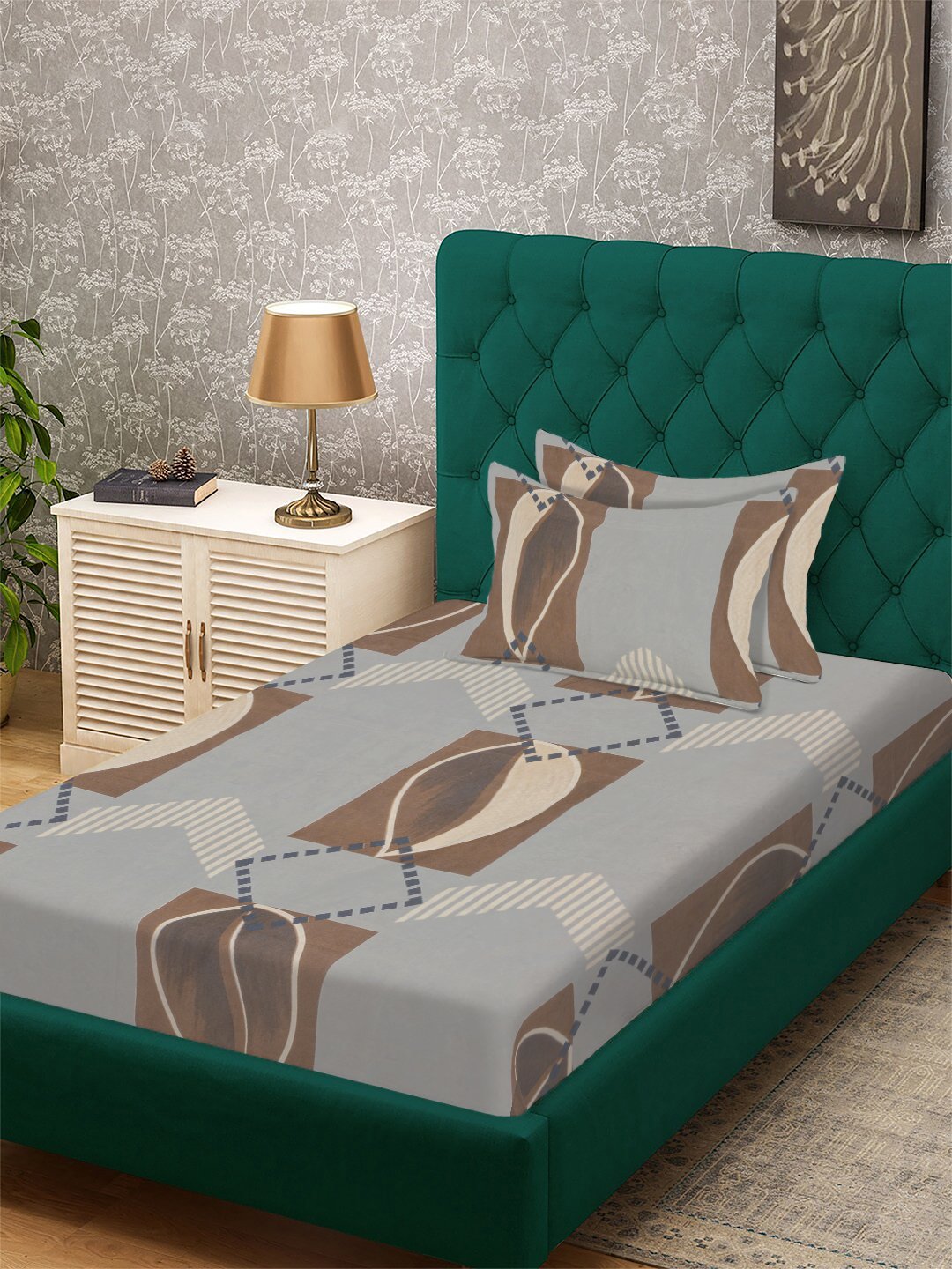 Multi Geometric 300 TC Cotton Blend Fitted Single Bedsheet with 2 Pillow Covers