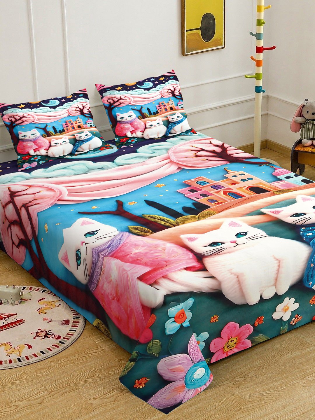 Multi Cartoon Characters 7D King Size Cotton Blend Double Bedsheet with 2 Pillow Covers