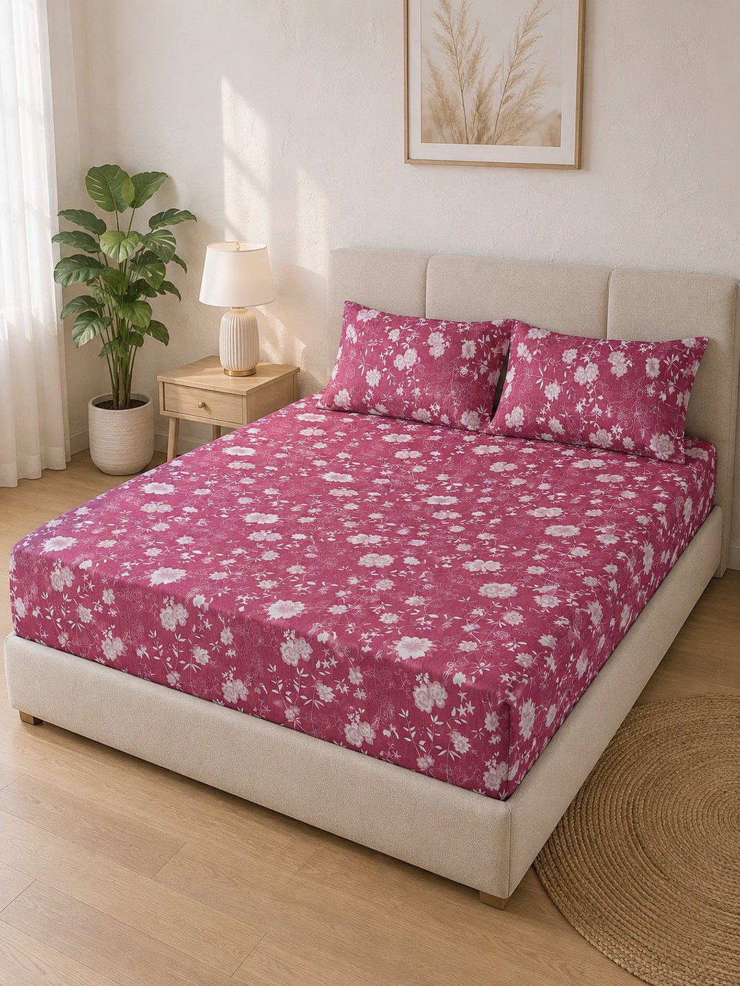 Pink Floral Cotton Blend Double Bedsheet with 2 Pillow Covers