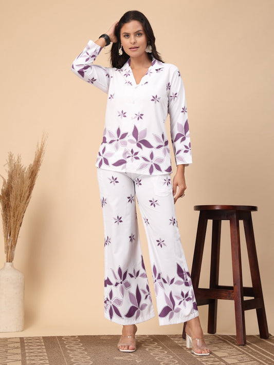 White Cotton Printed Shirt With Trousers Co-Ords Set