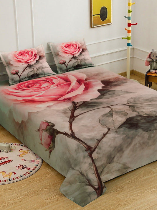 Pink Digital Floral Printed Cotton Blend Double Bedsheet with 2 Pillow Covers