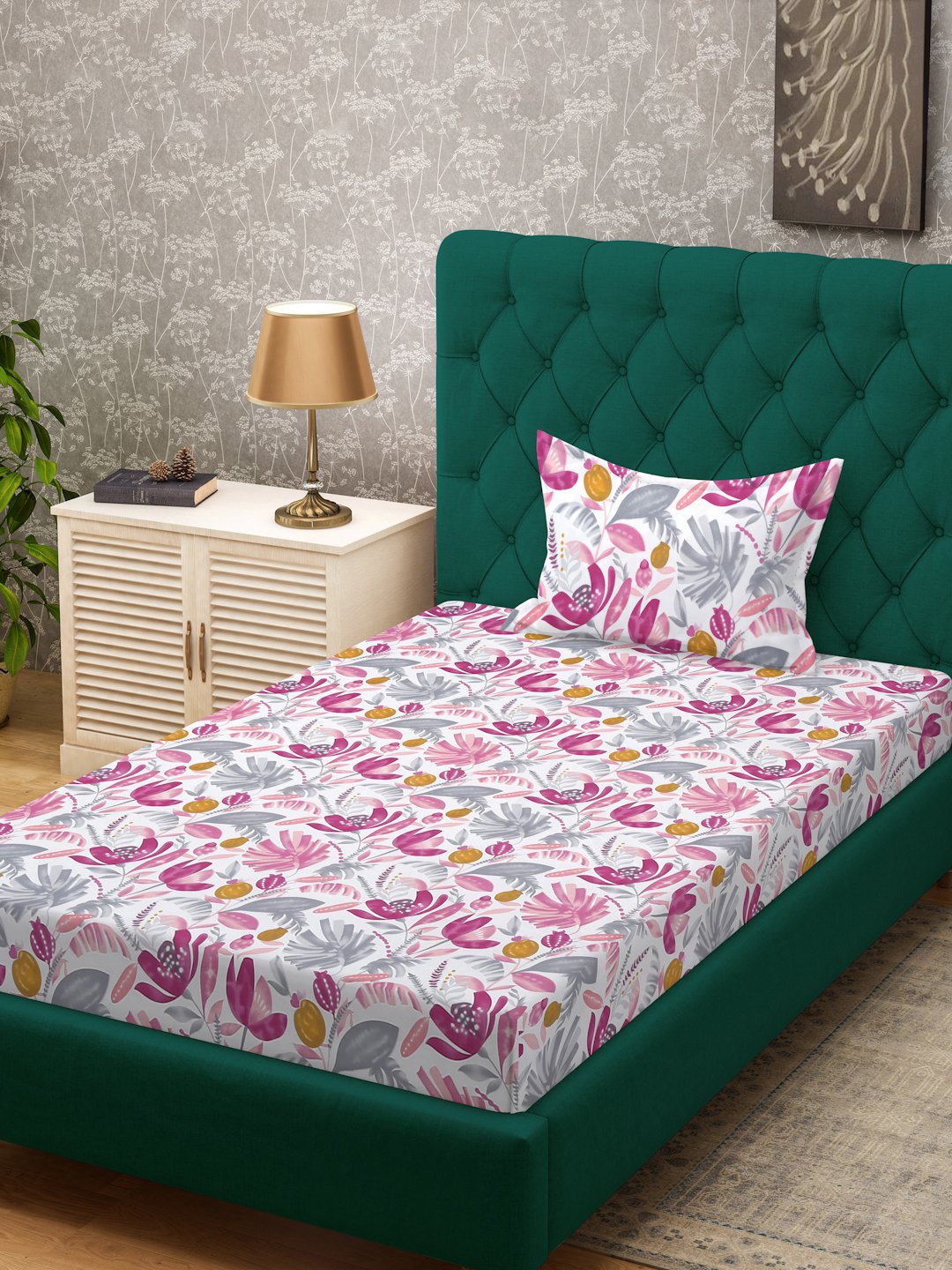 Multi Floral 300 TC Cotton Blend Single Bedsheet with Pillow Cover