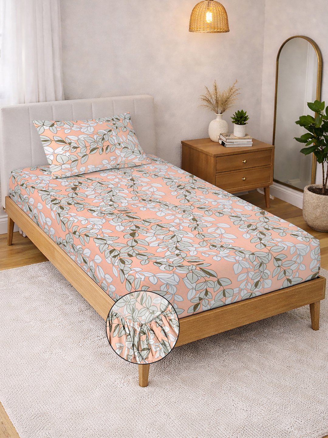 Orange Floral Cotton Blend Fitted Single Bedsheet with Pillow Cover