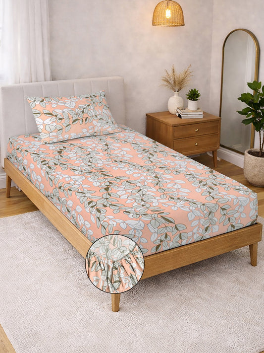 Orange Floral Cotton Blend Fitted Single Bedsheet with Pillow Cover