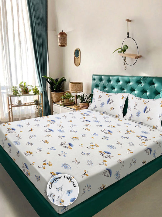 White Floral 300 TC Cotton Blend Fitted Double Bedsheet in Book Fold Packing