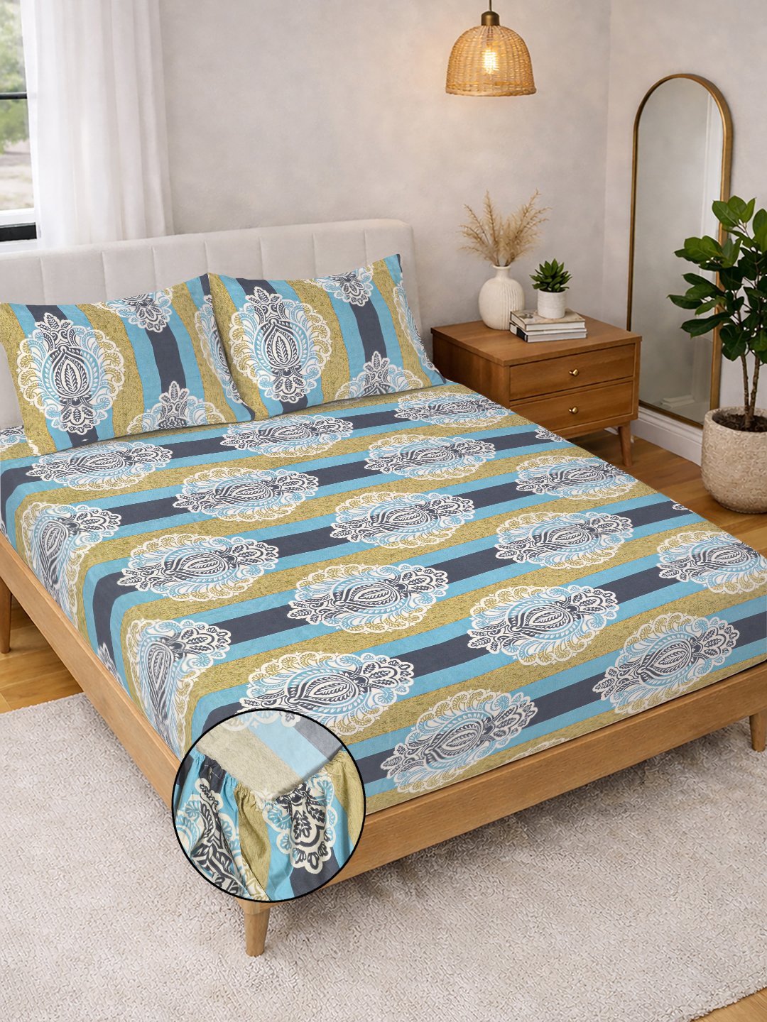 Multi Floral Fitted Fitted Cotton Blend Double Bedsheet with 2 Pillow Covers