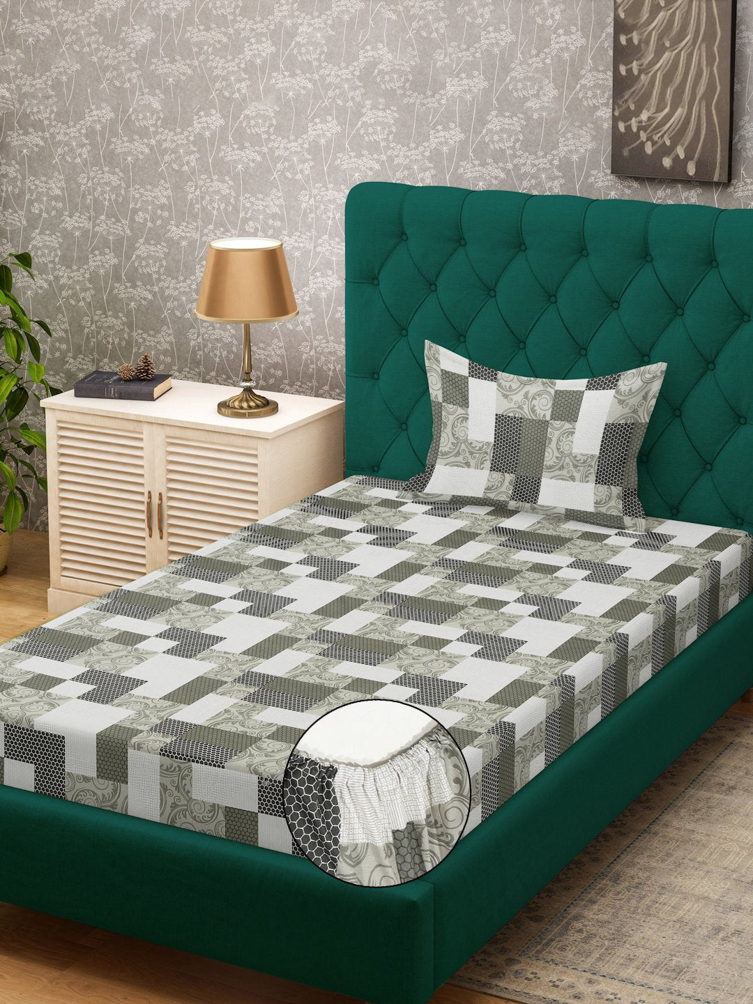 Olive Geometric 400 TC Pure Cotton Fitted Single Bedsheet with Pillow Cover