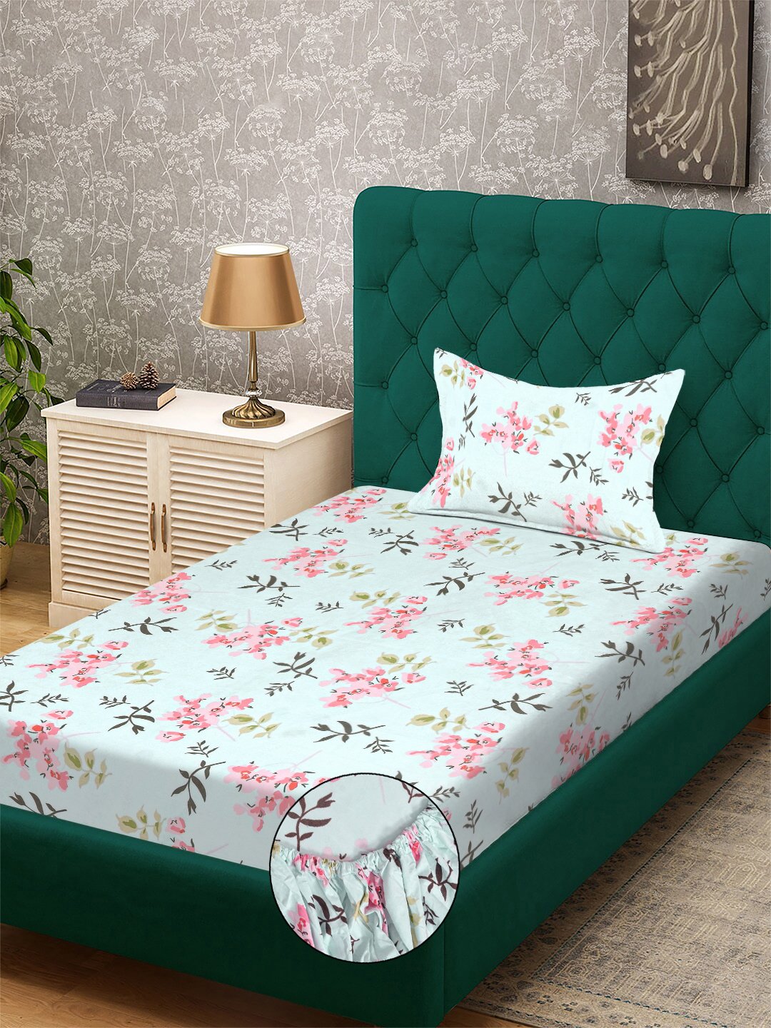 Green Floral 300 TC Cotton Blend Fitted Single Bedsheet with Pillow Cover