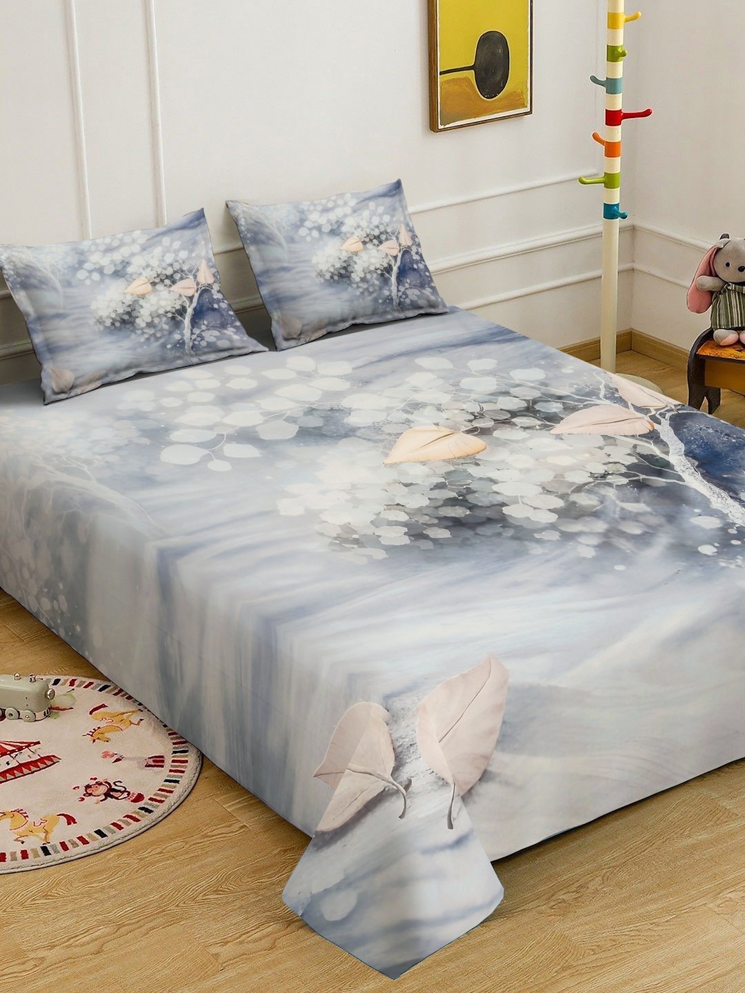 Grey Digital Floral Printed Cotton Blend Double Bedsheet with 2 Pillow Covers