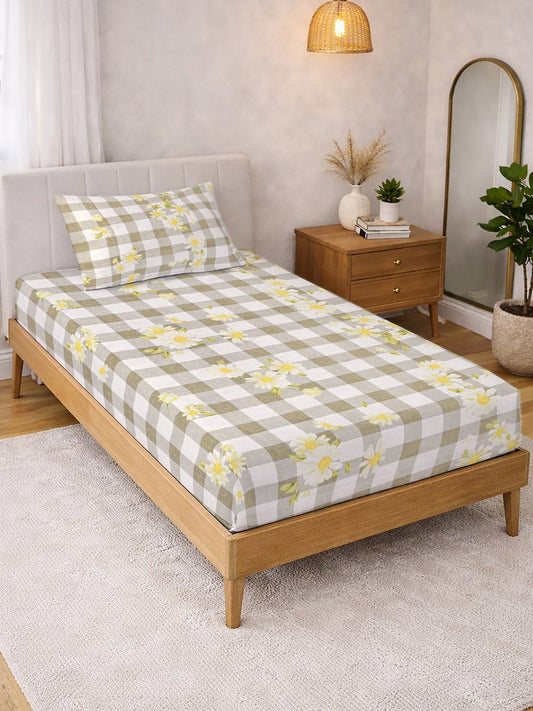 Beige Floral Cotton Blend Single Bedsheet with Pillow Cover