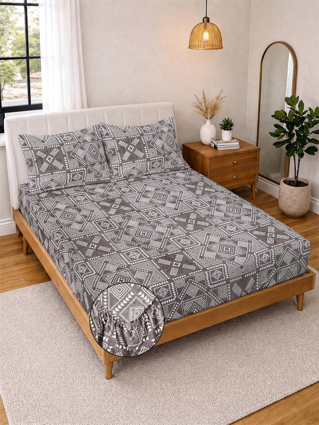 Brown Geometric Cotton Blend Fitted Double Bedsheet with 2 Pillow Covers
