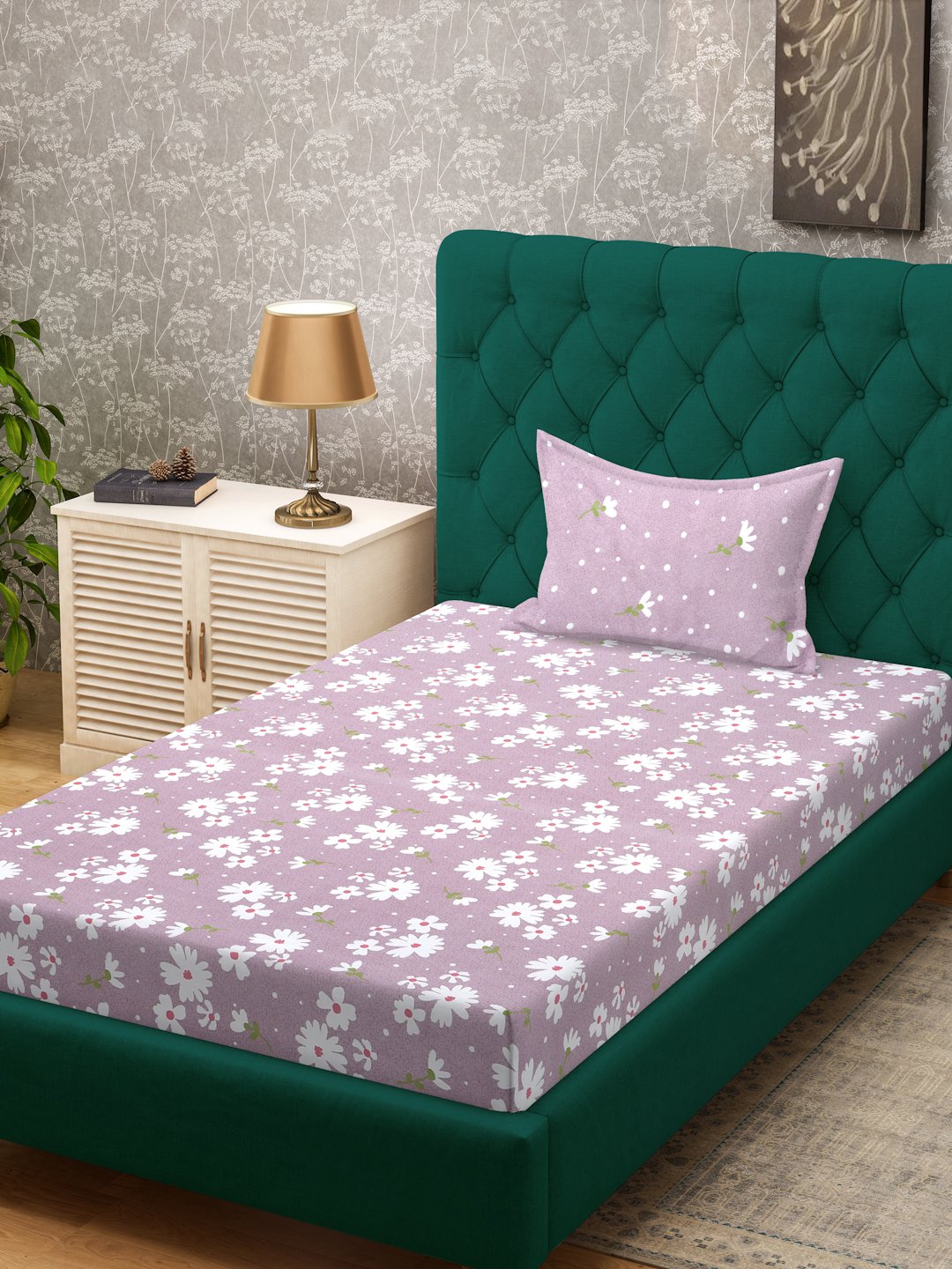 Purple Floral 300 TC Cotton Blend Fitted Single Bedsheet with Pillow Cover