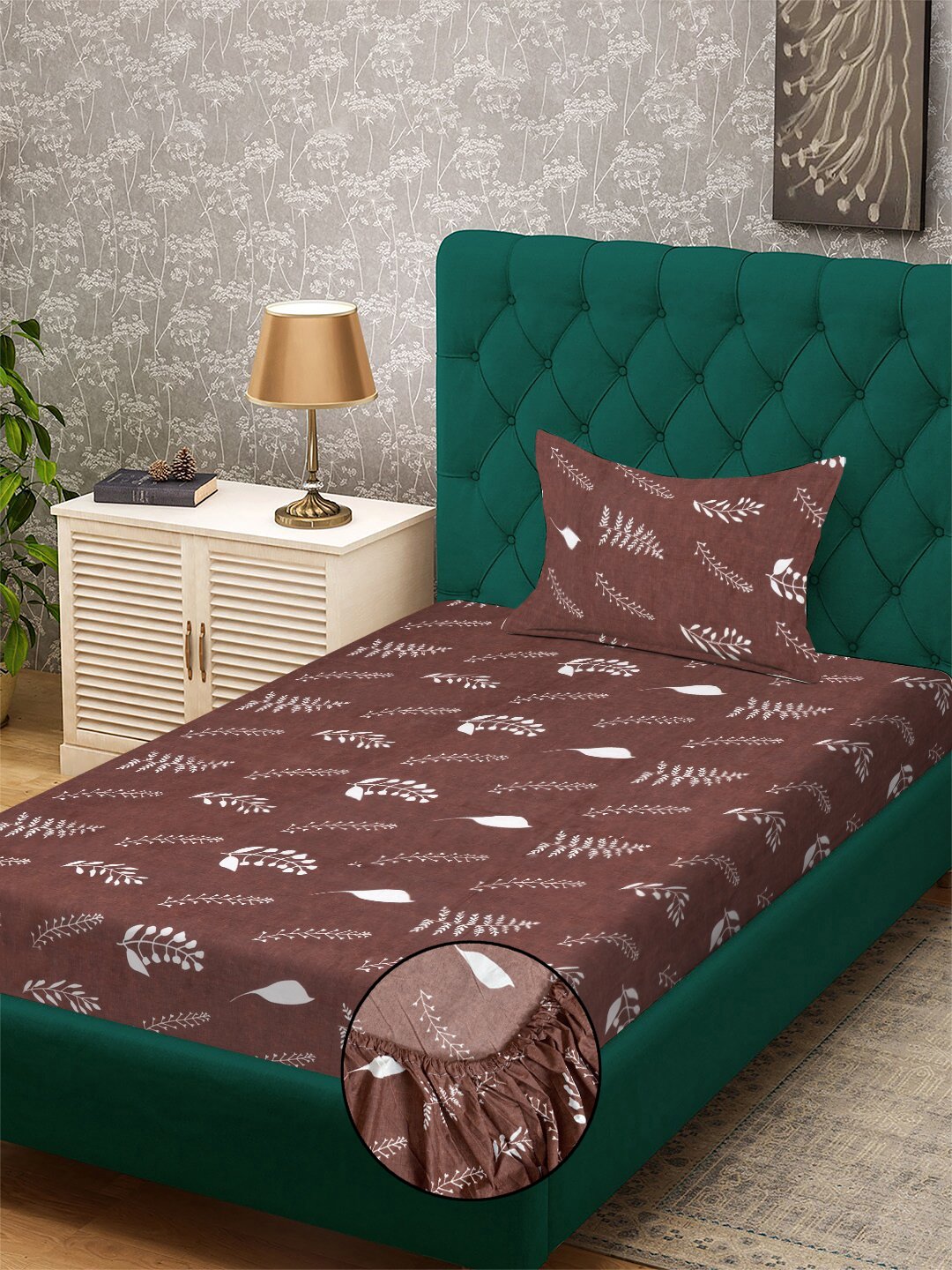 Brown Floral 300 TC Cotton Blend Fitted Single Bedsheet with Pillow Cover